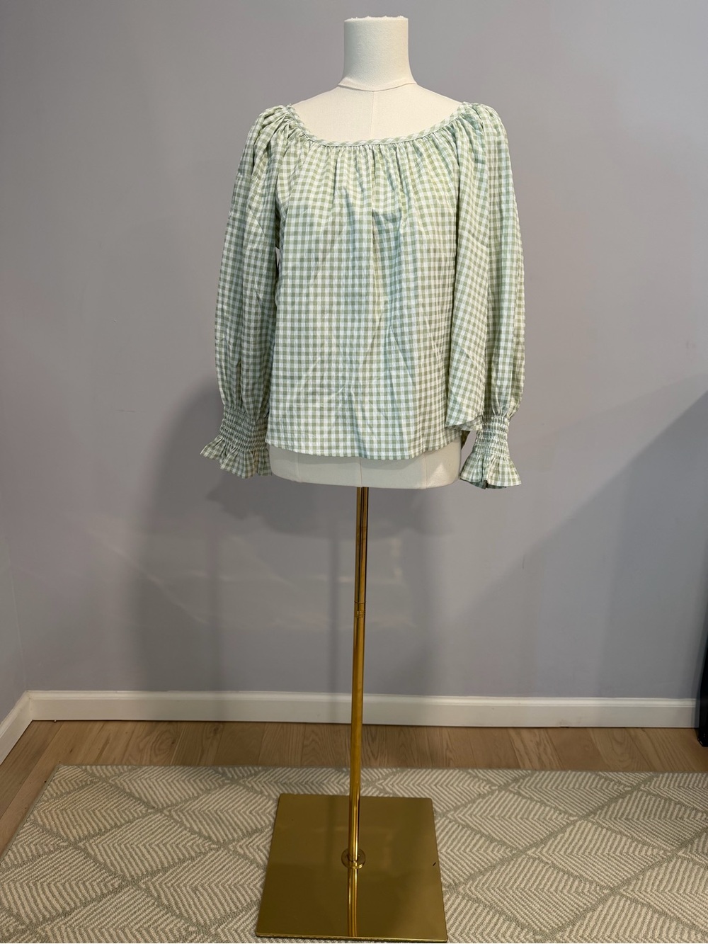 Hunter Bell Green & White Gingham Puff Sleeve Blouse